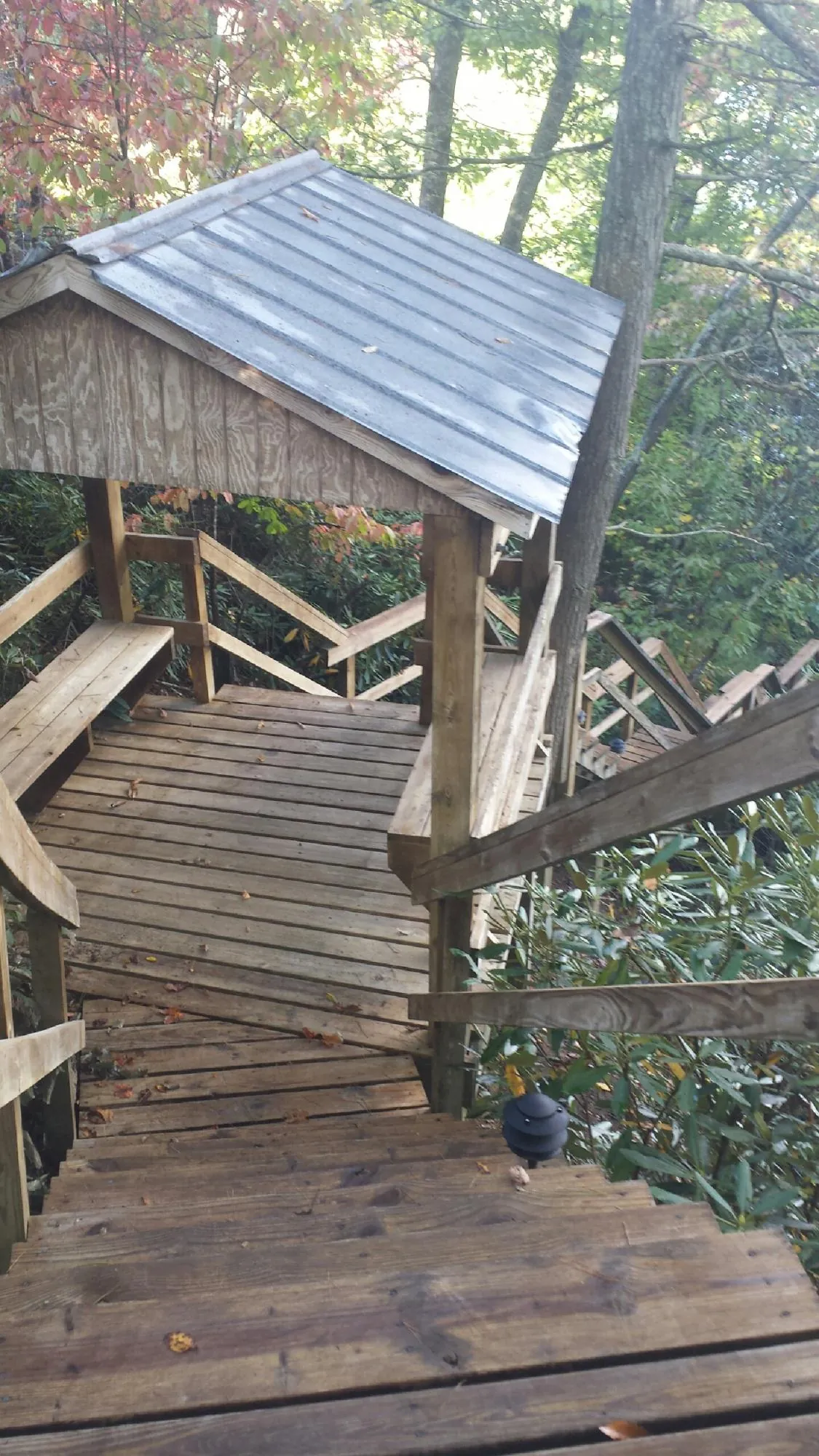 Metal roofed shelter over wooden steps on a wooded walkway — Skylight Repair & Installation work by our crew in Stayton